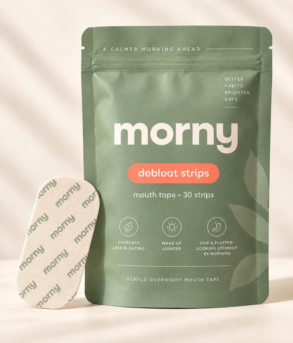The morny debloat strips pouch next to a single strip