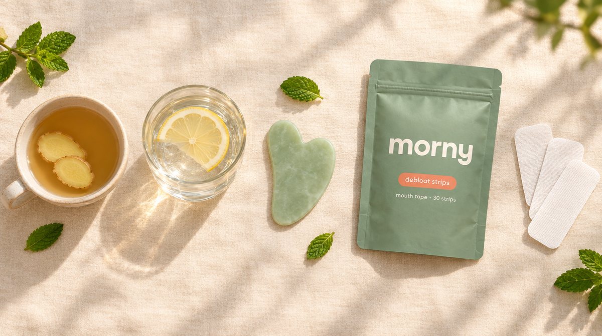 Ginger tea, lemon water, a jade gua sha and the morny pouch with strips on a linen cloth