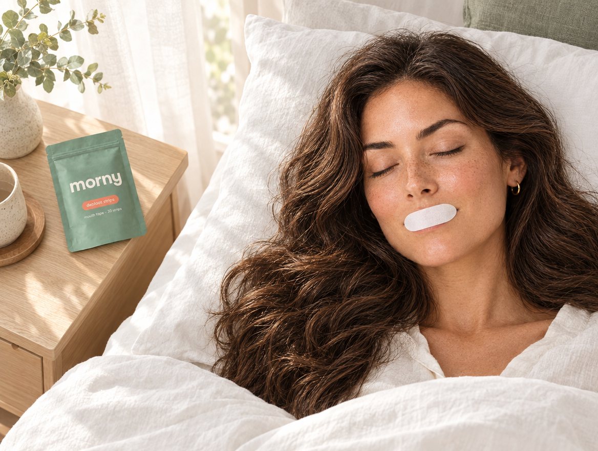 A woman sleeping peacefully with a morny strip on her lips, the pouch on her nightstand